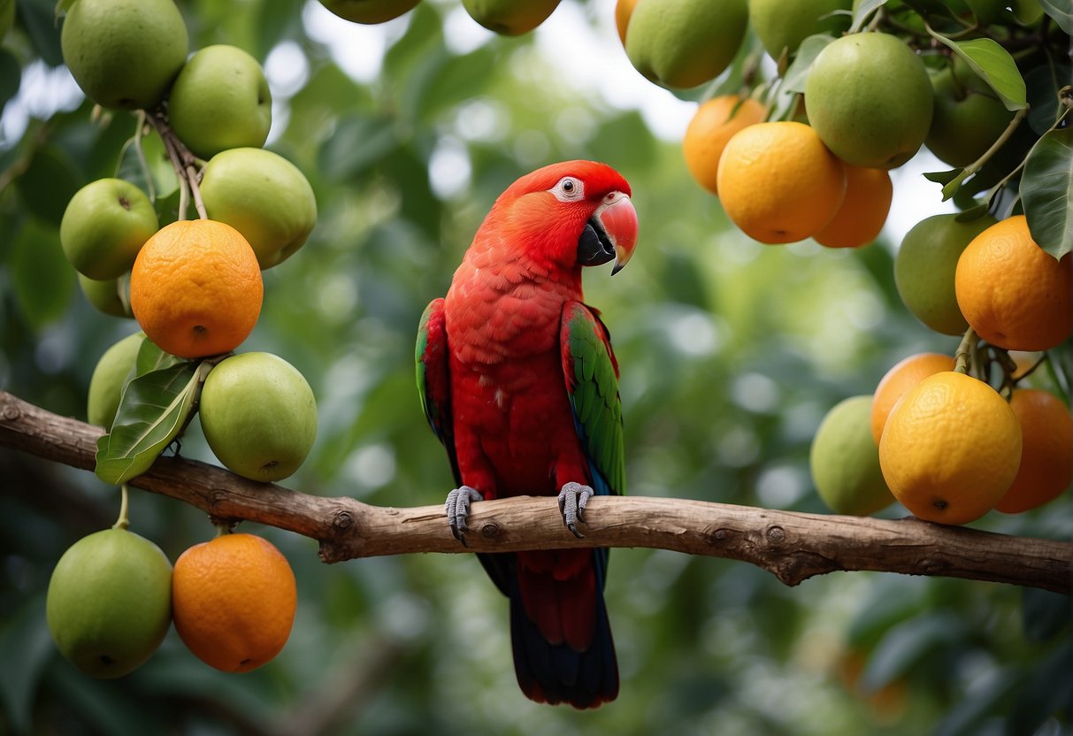 An Eclectus parrot perched on a branch, surrounded by a variety of fruits, vegetables, and nuts, representing its diverse and colorful diet