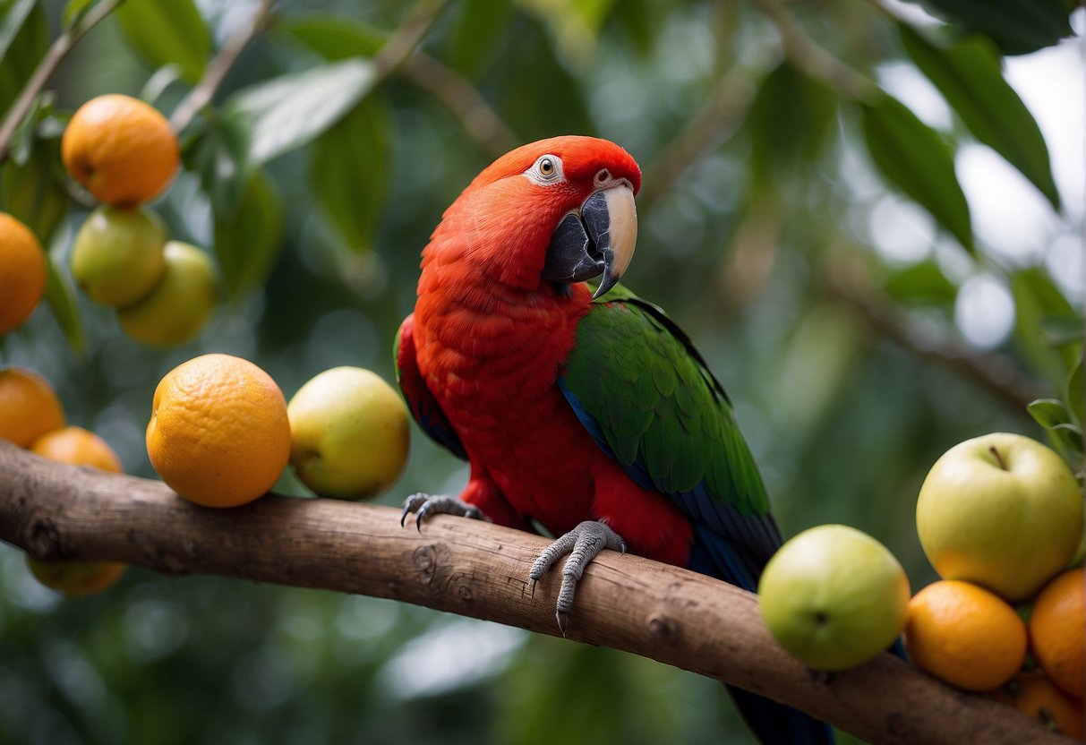 The Eclectus parrot is perched on a branch, surrounded by a variety of fruits, vegetables, and seeds, representing its natural diet and feeding habits