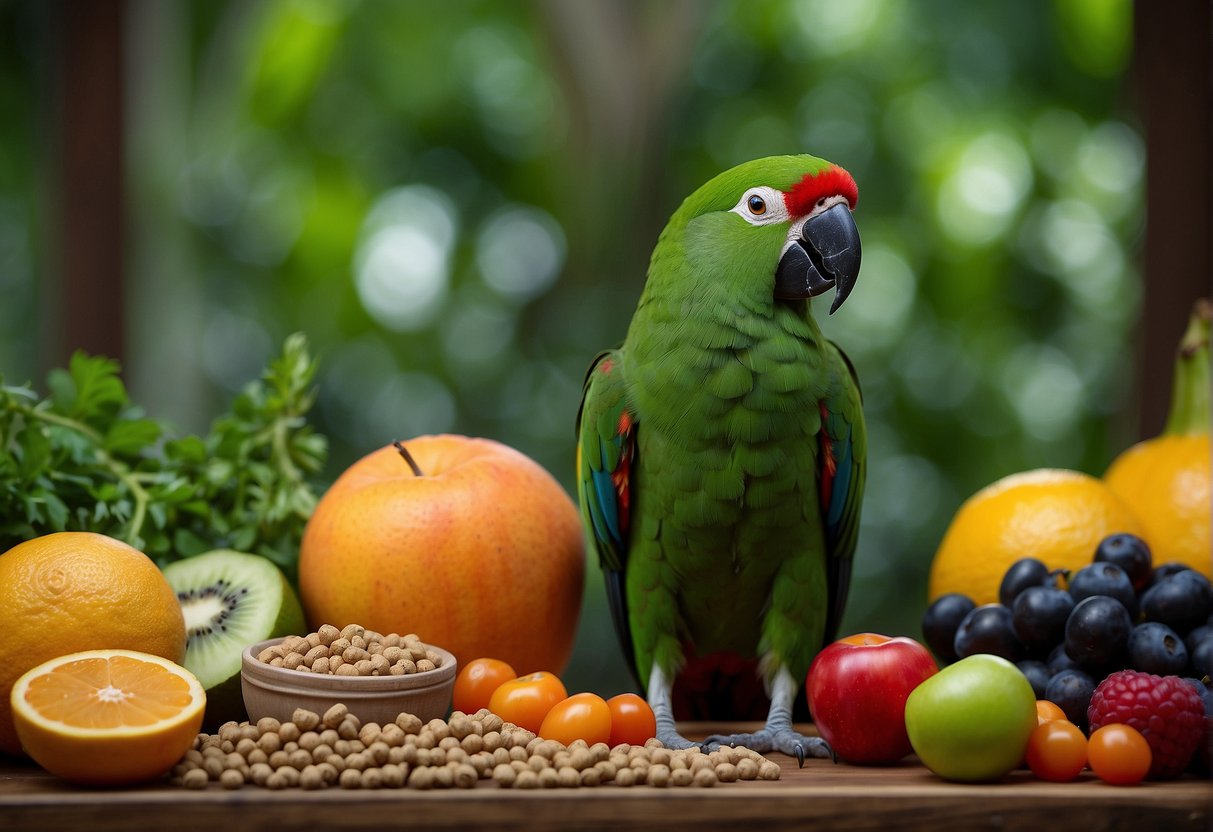 An Eclectus parrot perched on a branch surrounded by a variety of fresh fruits, vegetables, and pellets, representing their essential nutrients for a balanced diet
