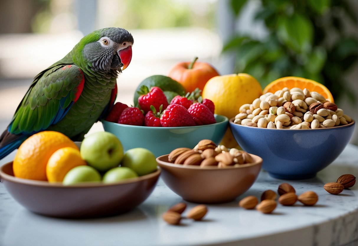 A variety of fresh fruits, vegetables, and nuts arranged in colorful bowls and plates, ready to be served as a convenient and nutritious diet for an Eclectus parrot