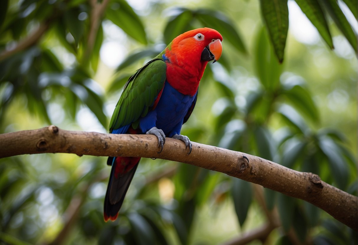 An eclectus parrot perches on a tree branch, surrounded by vibrant foliage and tropical flowers. Its colorful plumage stands out against the lush greenery