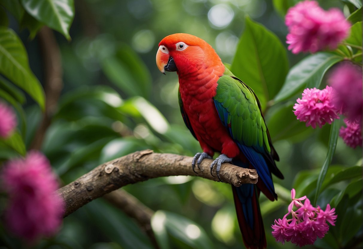 The colorful Eclectus parrot perches on a branch, surrounded by lush green foliage and vibrant flowers. Its bright plumage stands out against the natural backdrop, capturing the essence of its long life span