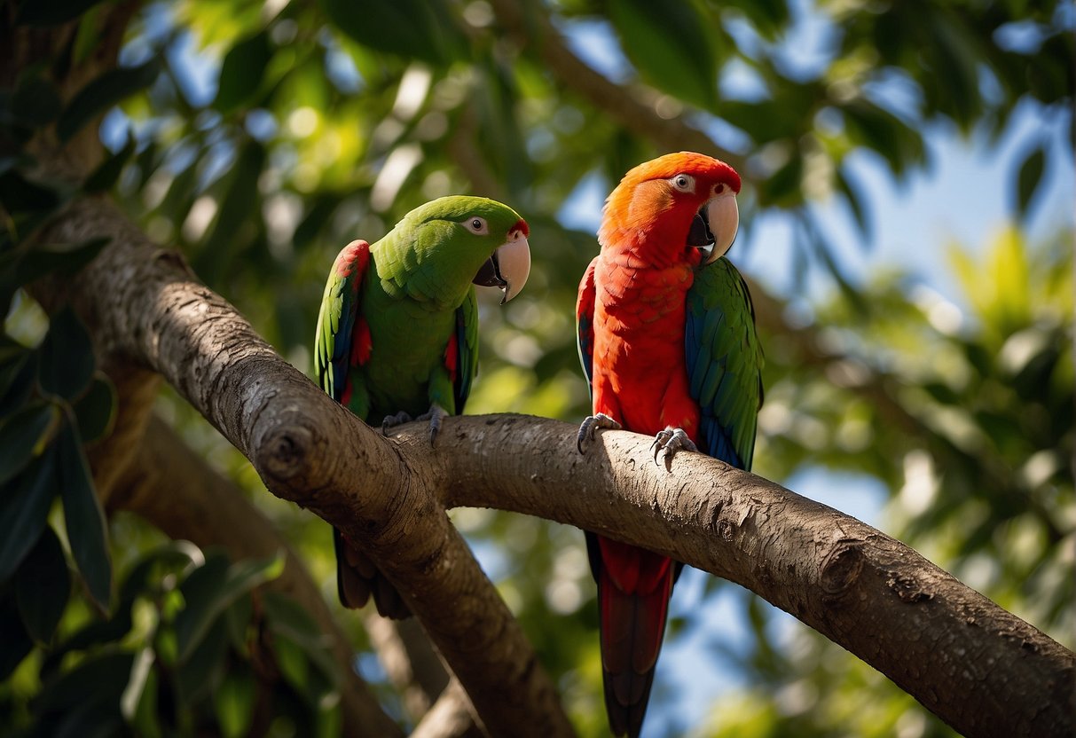 An Eclectus parrot perches on a lush tree branch, surrounded by other parrots. They engage in social behaviors, such as preening and vocalizing, within a vibrant and diverse ecosystem
