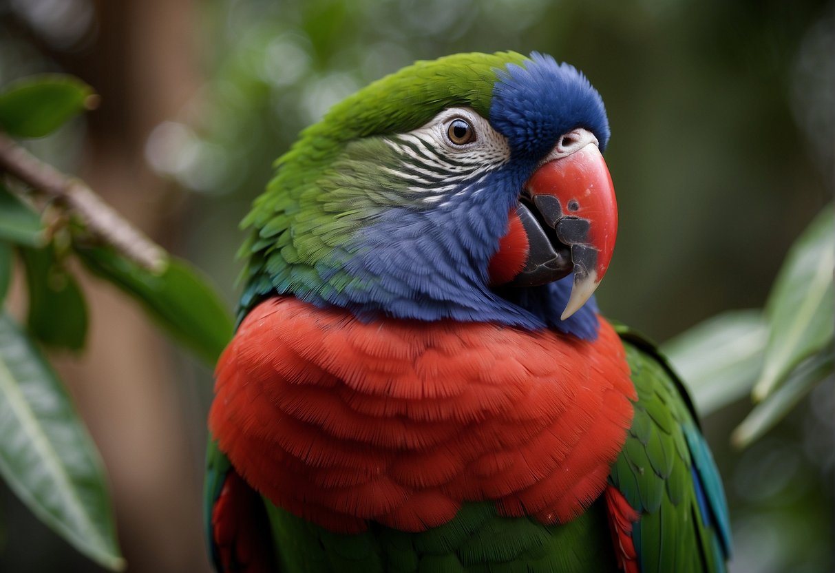 An Eclectus parrot perches on a branch, feathers ruffled and eyes half-closed. Its vibrant plumage looks dull and disheveled