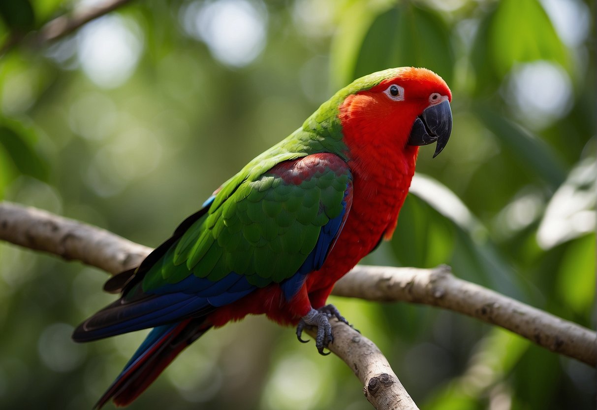 The male Eclectus parrot perches on a branch, displaying vibrant green and red plumage. It vocalizes loudly while the female feeds on fruits nearby