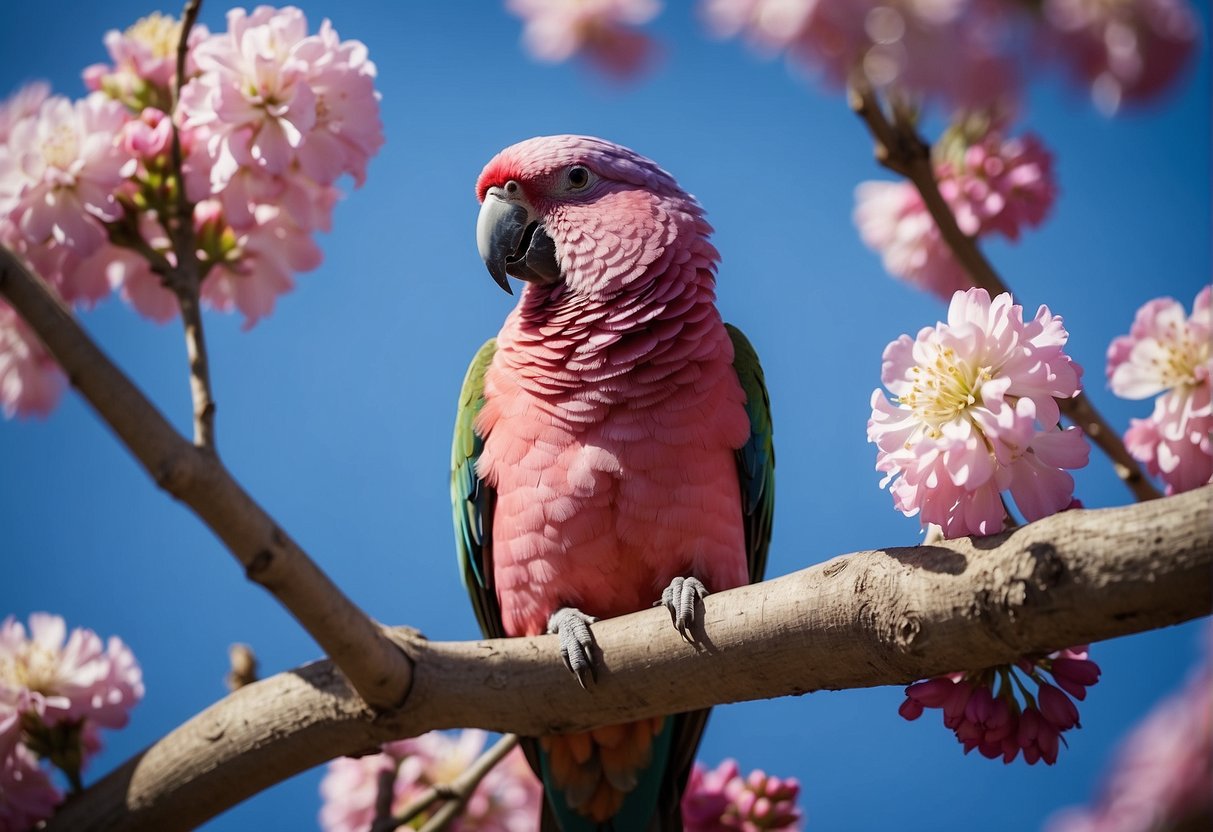 A Bourke's parrot perched on a flowering branch, surrounded by vibrant pink and purple blossoms, with a clear blue sky in the background