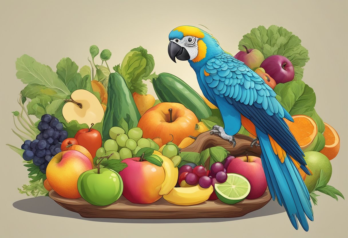A parrot perched on a colorful branch, surrounded by a variety of fresh fruits and vegetables, with a small dish of seeds nearby. It is eagerly pecking at a piece of apple, showing excitement for new food options