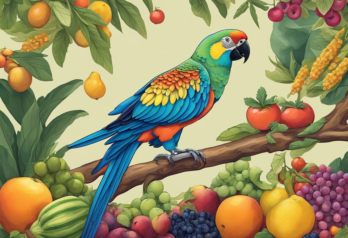 A parrot perched on a colorful branch, surrounded by a variety of fruits, vegetables, and seeds. The bird eagerly explores the new foods, showing interest in trying different flavors and textures