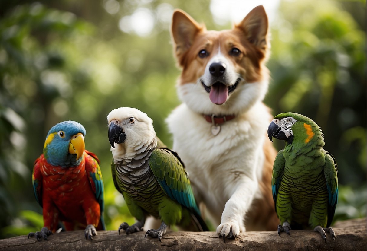 Cats and dogs playfully interact with Amazon parrots, showcasing their intelligence through curiosity and problem-solving