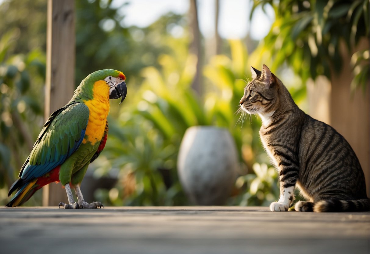 A cat, a dog, and an Amazon parrot sit side by side. The cat and dog engage in a playful chase, while the parrot observes with keen interest, seemingly analyzing their behavior