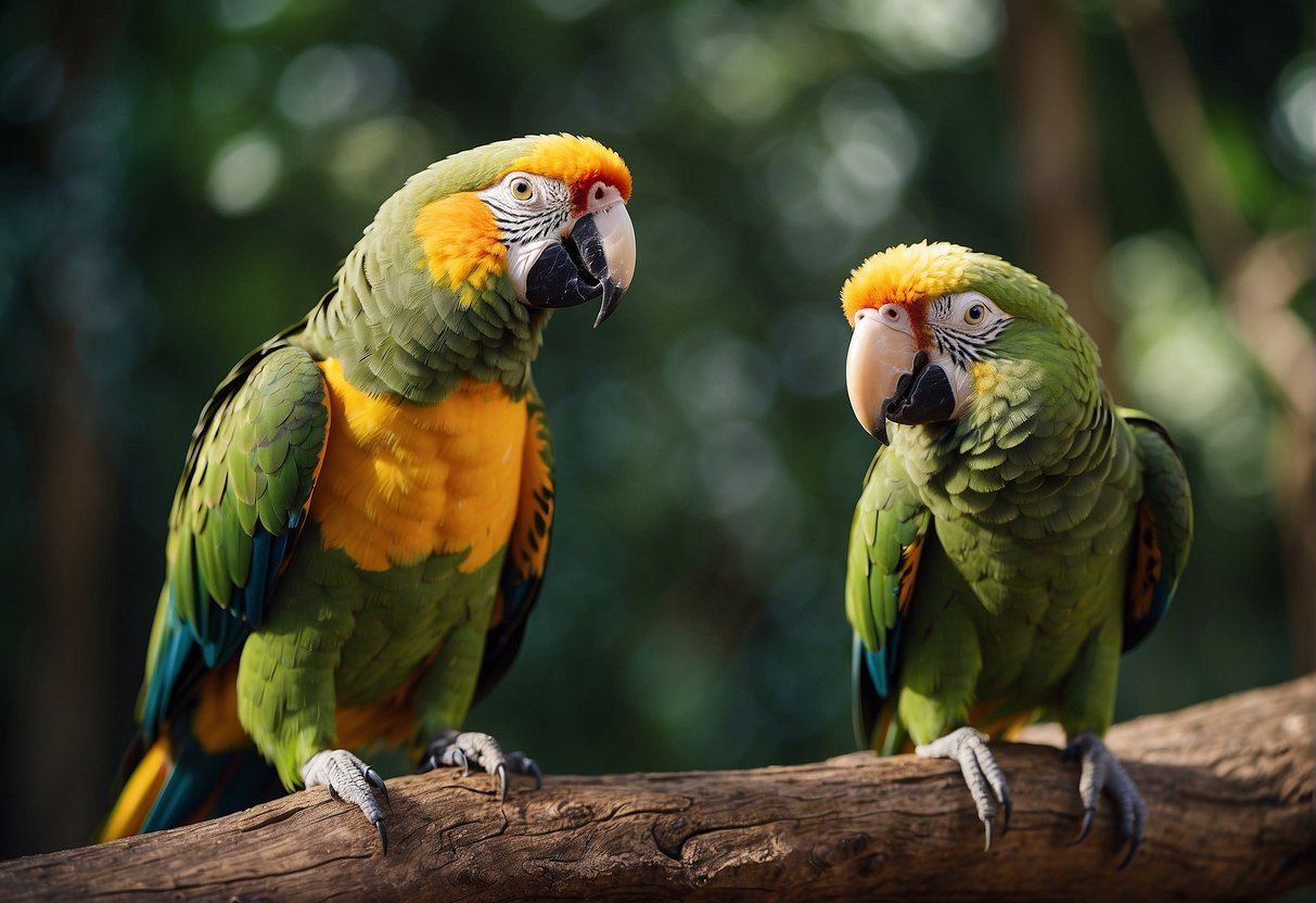 An Amazon parrot aggressively flapping wings and squawking at another bird