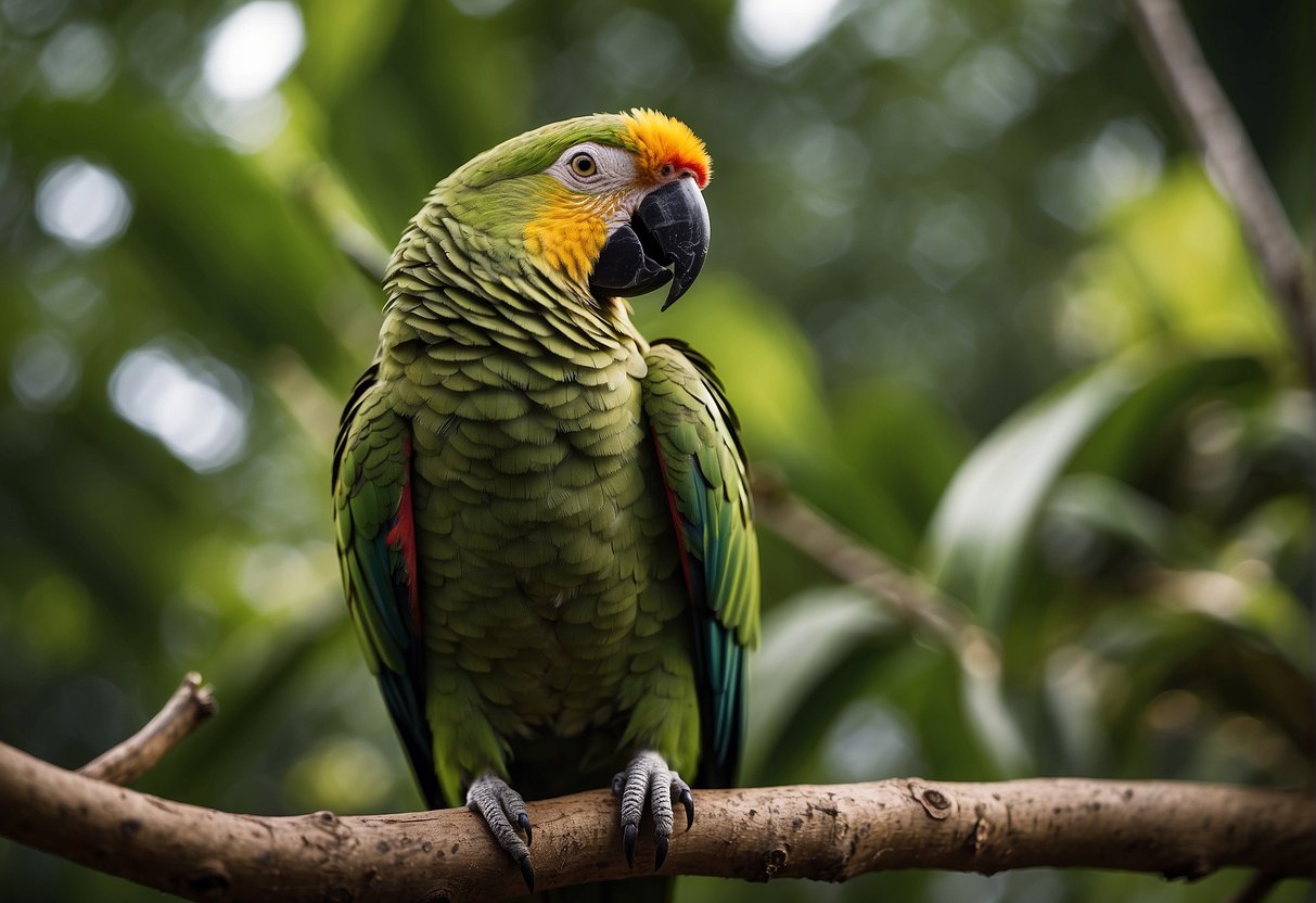 An Amazon parrot perches on a branch, fluffing its feathers and tilting its head to the side, displaying curiosity and alertness