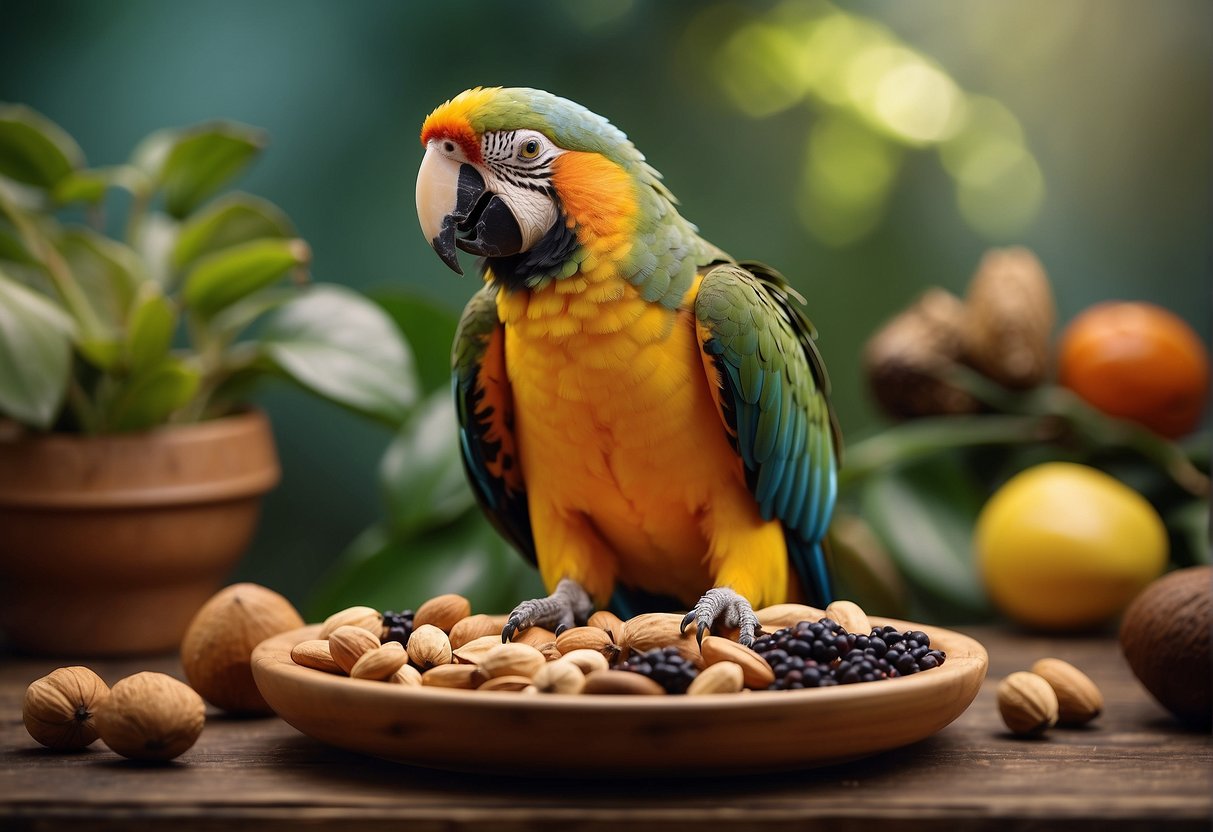 A parrot perches on a wooden branch, surrounded by a variety of colorful seeds and nuts in a feeding dish