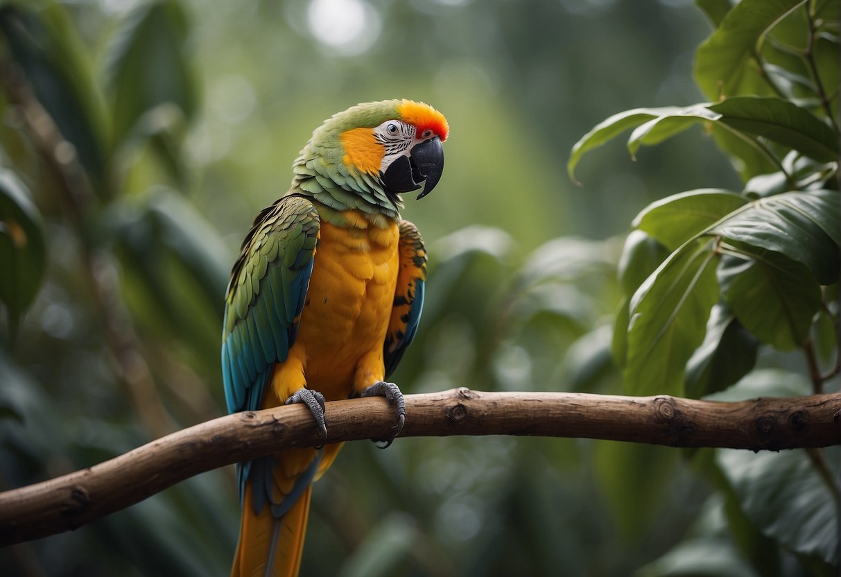 A parrot perched on a branch, feathers ruffled, with its vent exposed