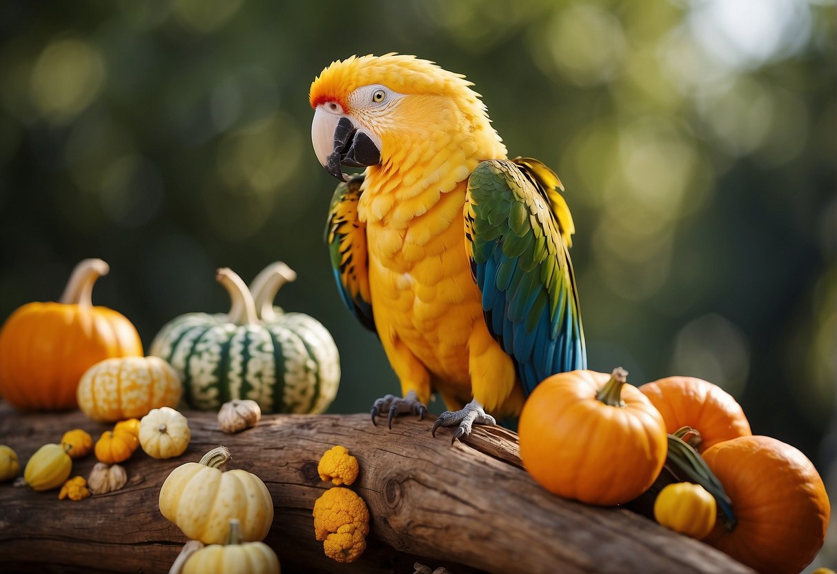 A colorful parrot perched on a wooden branch, surrounded by a variety of seeds including sunflower, pumpkin, and millet